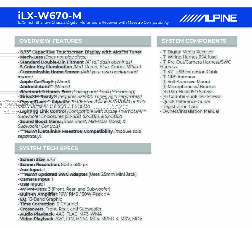 Alpine iLX-W670-M feature and specification sheet