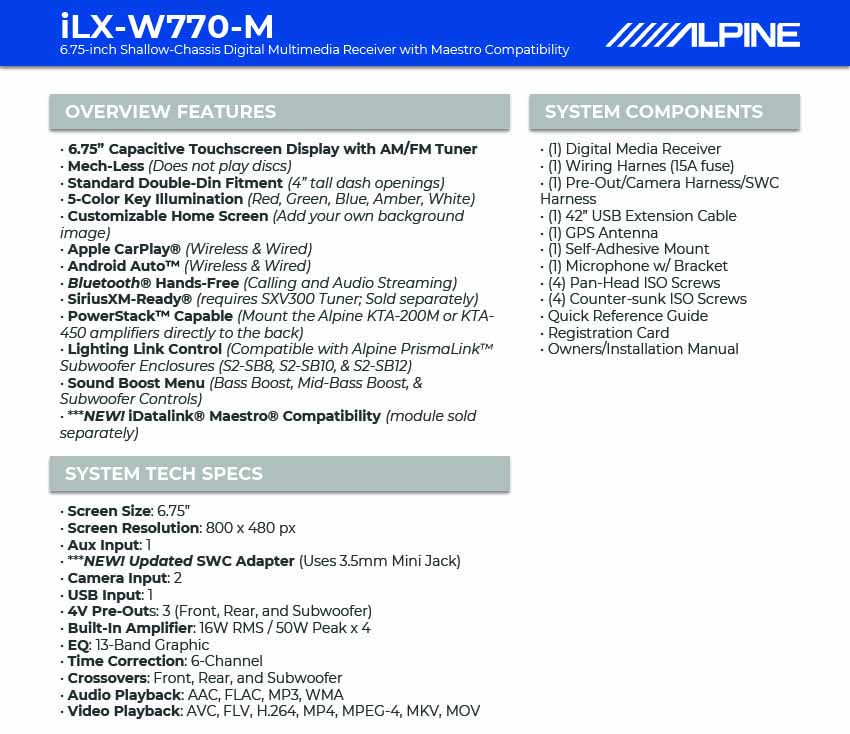 Alpine iLX-W770-M feature and specification sheet