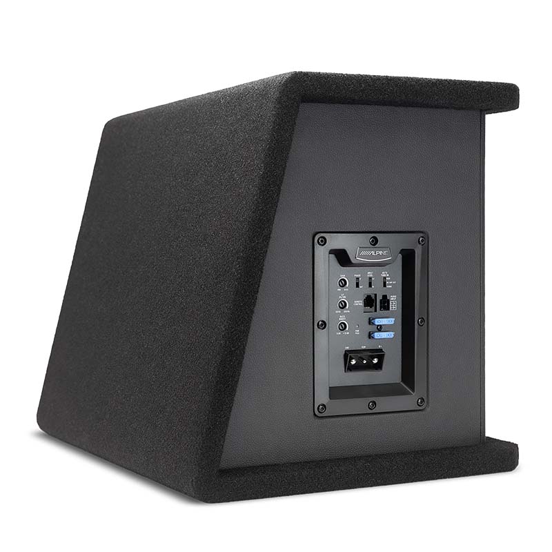 Compact wedge design of the Alpine PWE-SB10 powered subwoofer