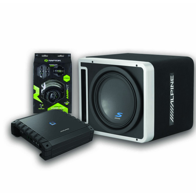 Alpine S2 SB12V 12 inch Halo subwoofer enclosure, S2 A60M amplifier and included amp wiring kit